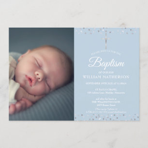 Elegant Blue Baptism, Christening Photo Invitation