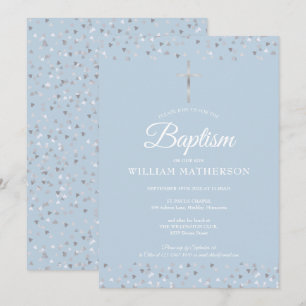 Elegant Blue Baptism Christening Silver Hearts Invitation