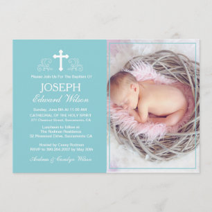 Elegant Blue Baptism Photo Invitation Card