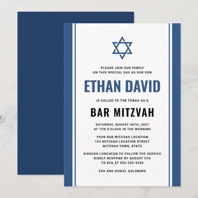 Elegant blue bar mitzvah invitations (Front/Back)