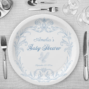 Elegant Blue Baroque Bird Baby Shower Paper Plate
