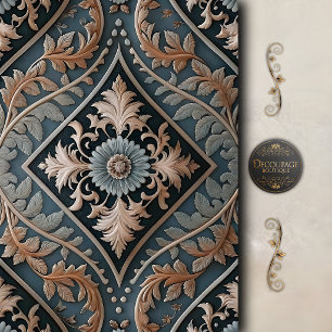 Elegant Blue Baroque Floral Decoupage Tissue Paper