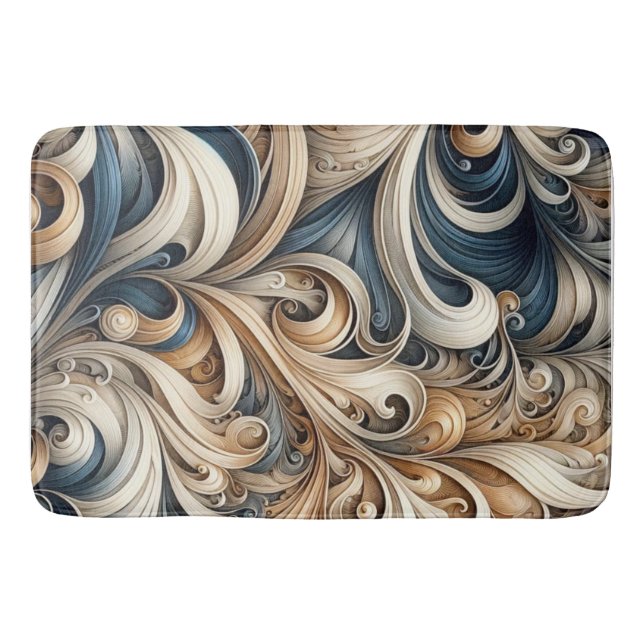 Elegant Blue Beige Baroque Swirl Pattern Bath Mat (Front)