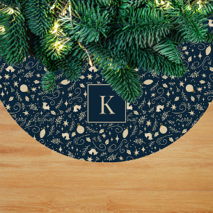 Elegant Blue & Beige Christmas Element Monogram Fleece Tree Skirt