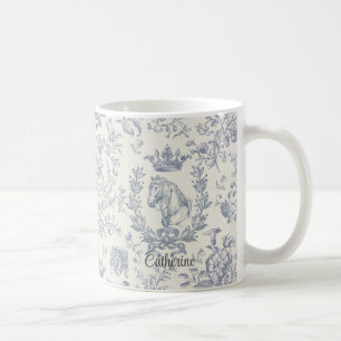 Elegant Blue Beige Equestrian Floral Toile Name Coffee Mug