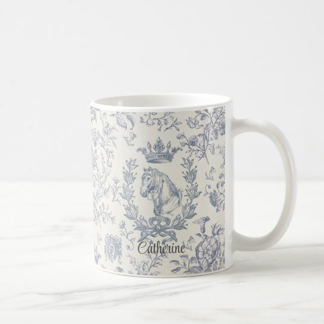 Elegant Blue Beige Equestrian Floral Toile Name Coffee Mug (Right)