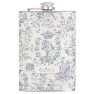 Elegant Blue Beige Equestrian Floral Toile Name Hip Flask