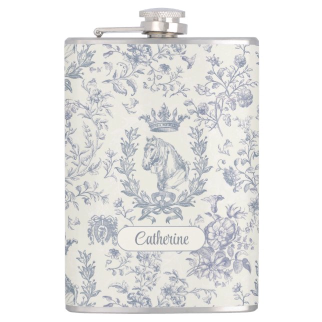 Elegant Blue Beige Equestrian Floral Toile Name Hip Flask (Front)