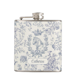 Elegant Blue Beige Equestrian Floral Toile Name Hip Flask