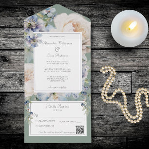 Elegant Blue & Beige Floral on Sage Green QR Code All In One Invitation