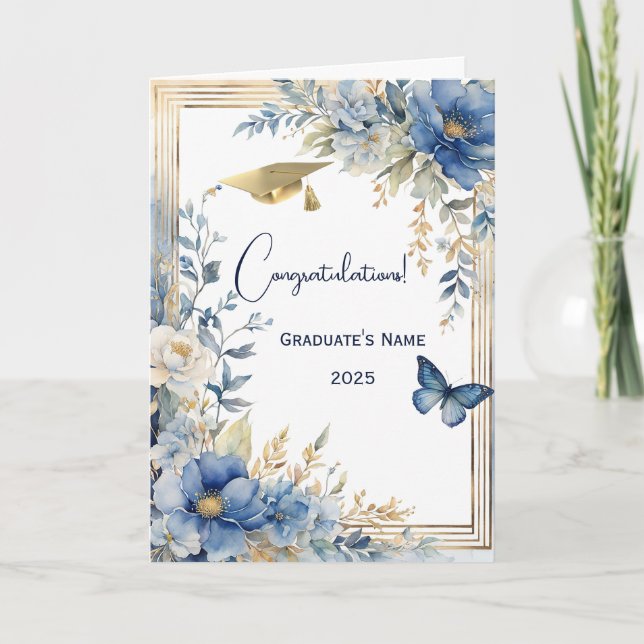 Elegant Blue Beige Flower Personalised Graduation Card (Front)