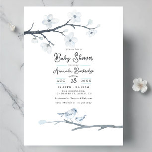 Elegant Blue Bird and Cherry Blossom Baby Shower Invitation