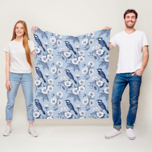 Elegant Blue Bird and White Floral Pattern Fleece Blanket
