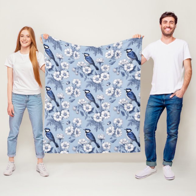 Elegant Blue Bird and White Floral Pattern Fleece Blanket (In Situ)