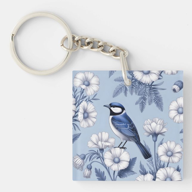 Elegant Blue Bird and White Floral Pattern Key Ring (Front)