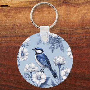 Elegant Blue Bird and White Floral Pattern Key Ring