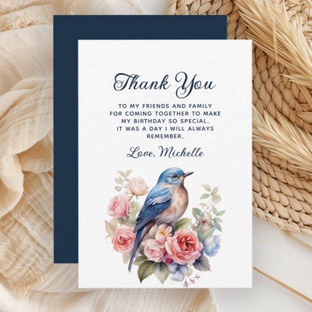 Elegant Blue Bird Pink Flowers Birthday Thank You Card (Blue bird and pink floral birthday party Thank You card)