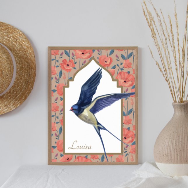 Elegant Blue Bird Sparrow Poppies Custom Wall Art (Creator Uploaded)