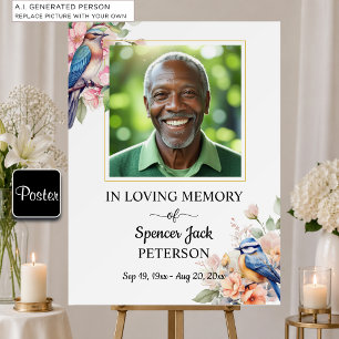 Elegant Blue Birds Floral Photo Funeral Poster