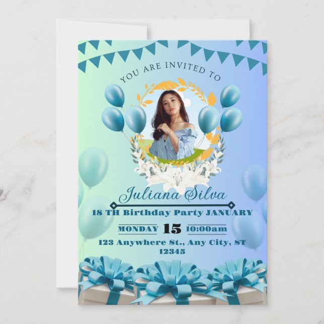 Elegant Blue Birthday Invitation – Customisable &  (Front)