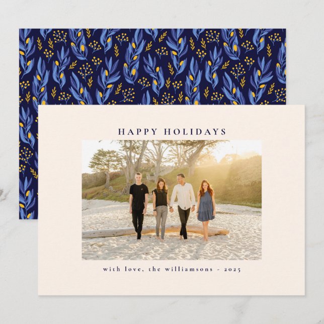 Elegant Blue Black Botanical Floral Unique Photo Holiday Card (Front/Back)