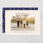 Elegant Blue Black Botanical Floral Unique Photo Holiday Card<br><div class="desc">Send your holiday cheer with this "Happy Holidays" family photo greeting, featuring a clean and elegant front design and a vibrant blue and gold floral pattern on the back. Perfect for both Christmas and Hanukkah celebrations, this card combines a modern layout with festive flair, making it ideal for showcasing your...</div>