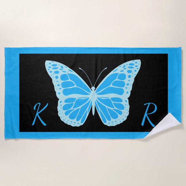 Elegant Blue Black Butterfly Monogrammed Beach Towel (Front)