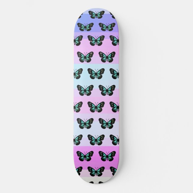 Elegant Blue & Black Butterfly Pattern Skateboard (Front)