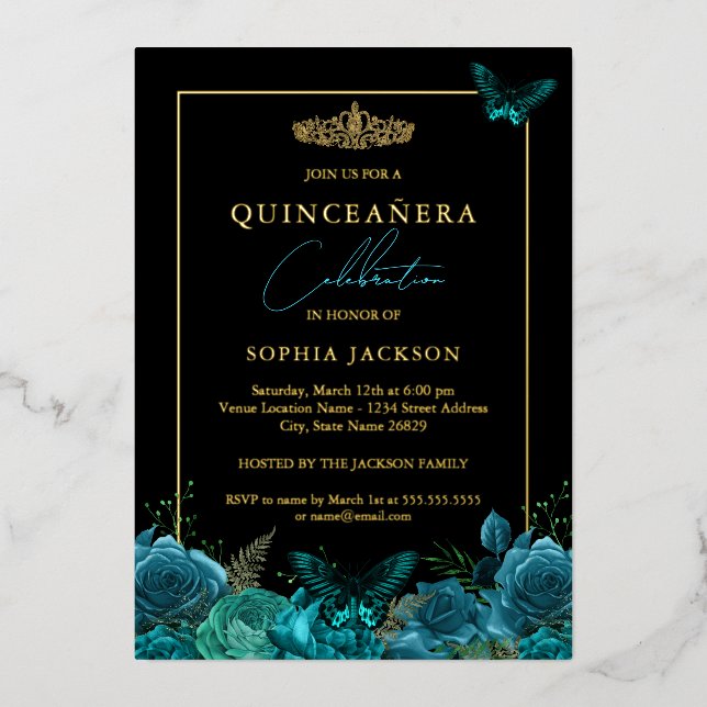 Elegant Blue Black Butterfly Photo Quinceanera   (Front)