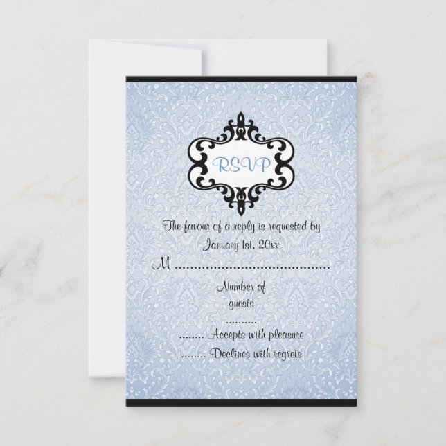 Elegant blue & Black Chic Damask RSVP Card (Front)