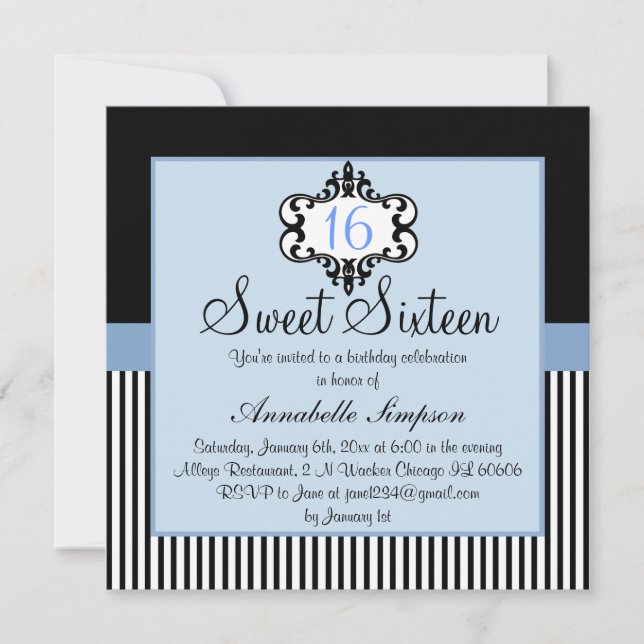 Elegant Blue & Black Chic Sweet 16 Invite (Front)