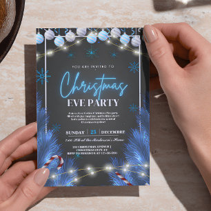 Elegant Blue & Black Christmas Party Invitations