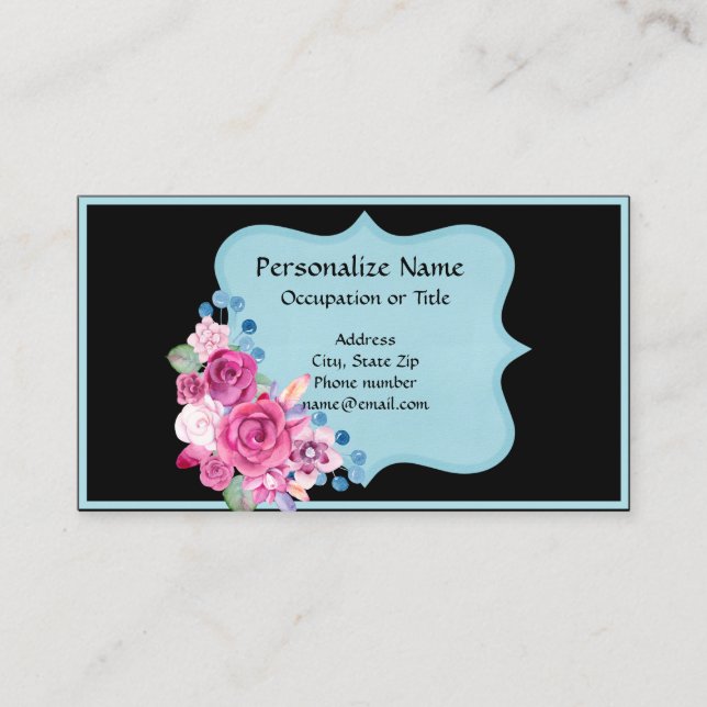 Elegant Blue Black Floral Bouquet Business Card (Front)