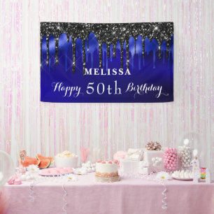 Elegant Blue Black Glitter Drips Birthday Party Banner