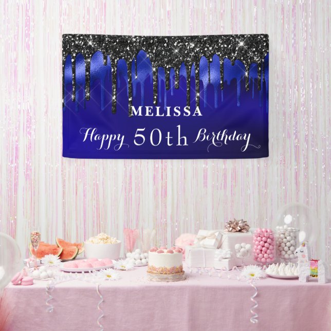 Elegant Blue Black Glitter Drips Birthday Party Banner (Party)