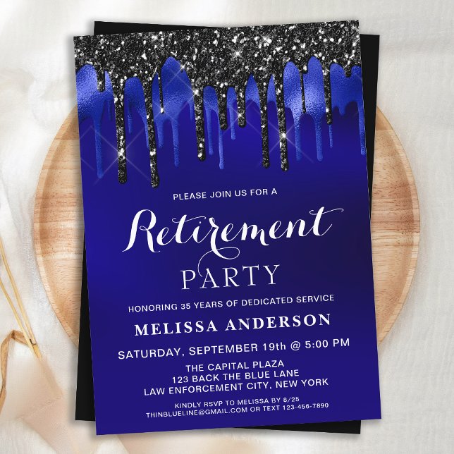 Elegant Blue Black Glitter Drips Retirement Party  Invitation (Creator Uploaded)