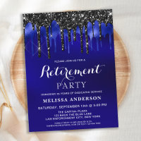 Elegant Blue Black Glitter Drips Retirement Party 