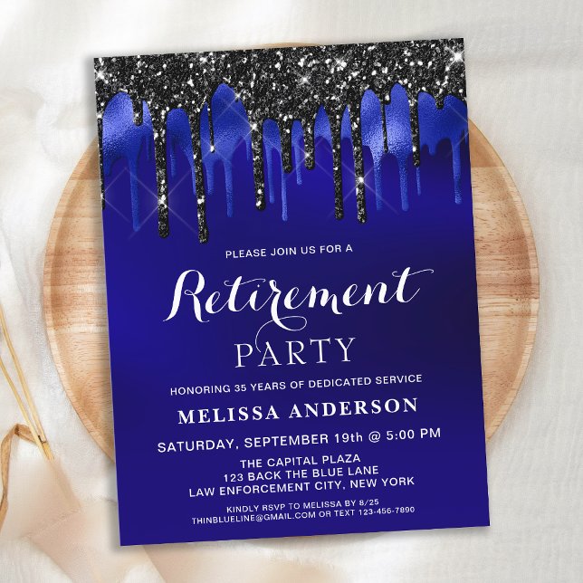 Elegant Blue Black Glitter Drips Retirement Party  Postcard (Creator Uploaded)