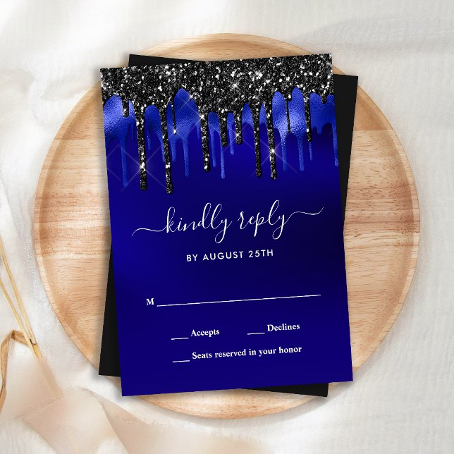 Elegant Blue Black Glitter Drips Wedding  RSVP Card (Creator Uploaded)