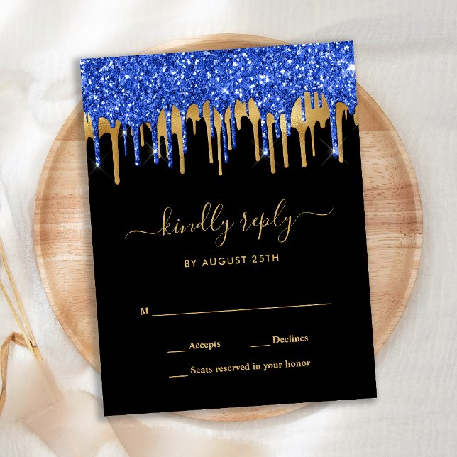 Elegant Blue Black Gold Glitter Drips Wedding RSVP Invitation Postcard (Creator Uploaded)