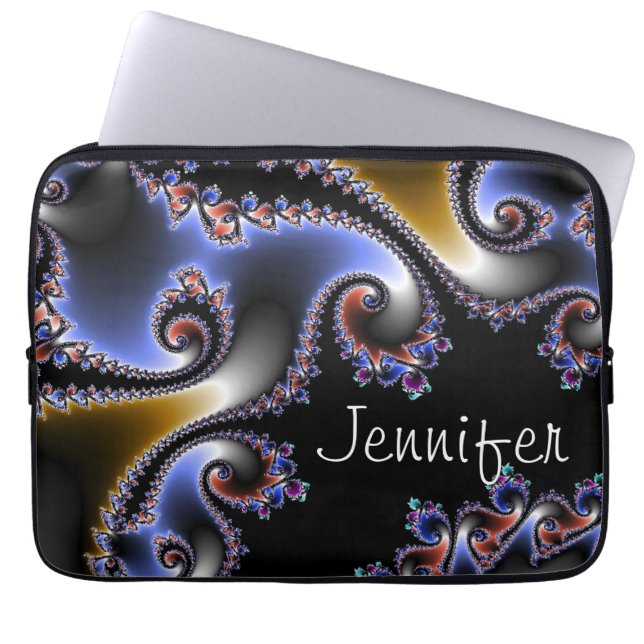 Elegant Blue Black Gold Swirl Name Fractal Laptop Sleeve (Front)