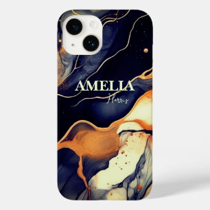 Elegant blue black marble art faux gold glitter Case-Mate iPhone 14 case