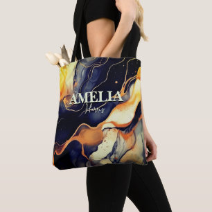 Elegant blue black marble art faux gold glitter tote bag