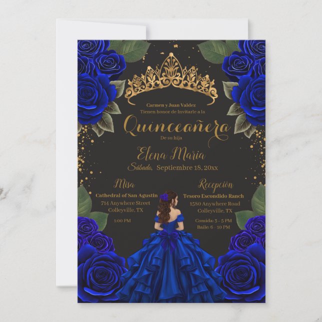Elegant Blue Black Quinceañera Roses Gold Glitter Invitation (Front)