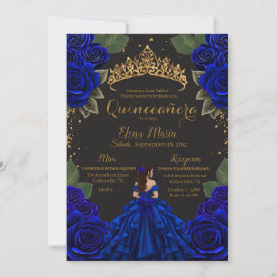 Elegant Blue Black Quinceañera Roses Gold Glitter Invitation