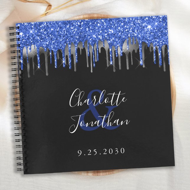 Elegant Blue Black Silver Glitter Wedding Guest Notebook (Creator Uploaded)