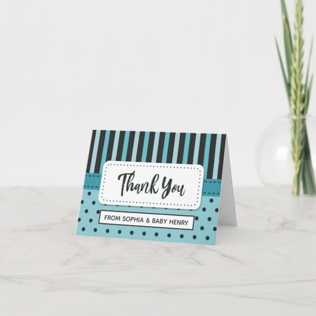 Elegant Blue Black Stripes Polka Dots Thank You (Front)