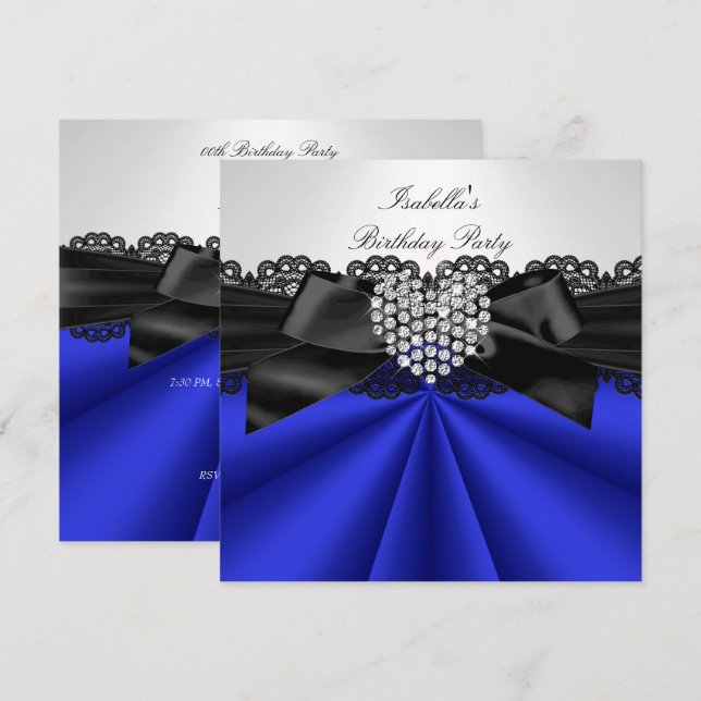 Elegant Blue Black White Diamond Birthday Party Invitation (Front/Back)