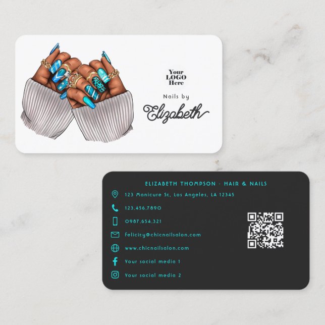 Elegant Blue Black Woman Nail Salon Branding Desig Business Card (Front/Back)