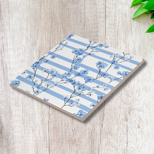 Elegant Blue Blossoms and Striped Floral Pattern Tile